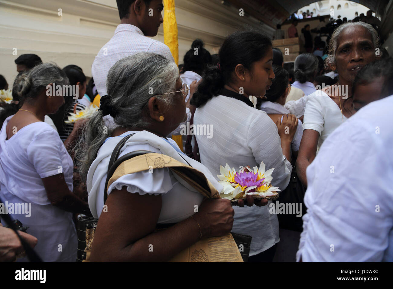 Kandy Sri Lanka Tempel der Zahn Pilger warten für Puja Zeremonie am Navam Vollmond Poya-Tag Stockfoto