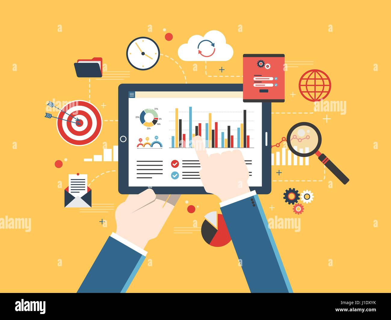 Flaches Design Vektor Illustration Konzept der Geldanlage, Analytik mit Wachstum Bericht. Sicherheit und Cloud-Daten. Berechnungen und Grafiken. Stock Vektor
