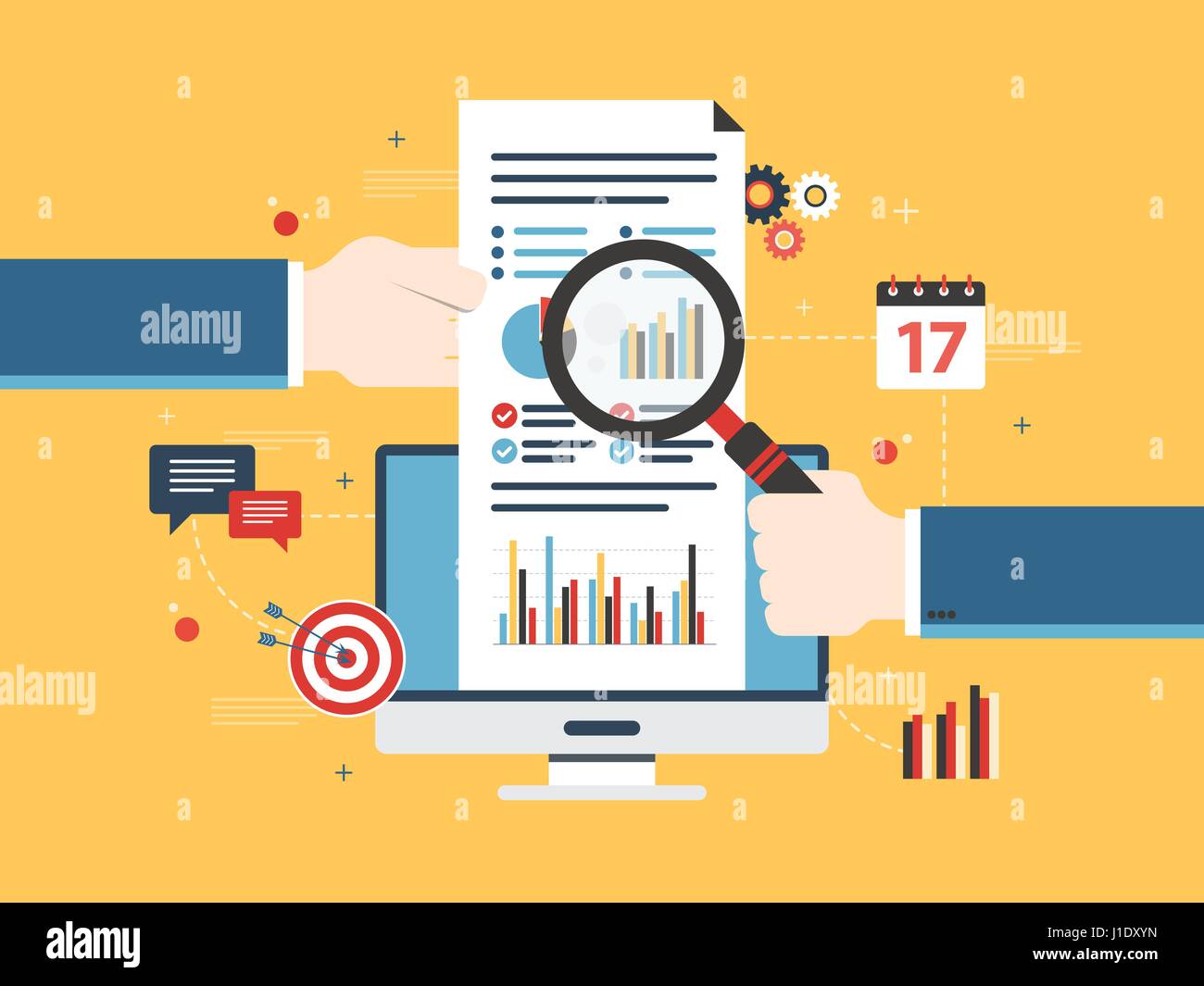 Flaches Design Vektor Illustration Konzept der Geldanlage, Analytik mit Wachstum Bericht. Berechnungen und Grafiken der Gewinne an der Börse ein Stock Vektor