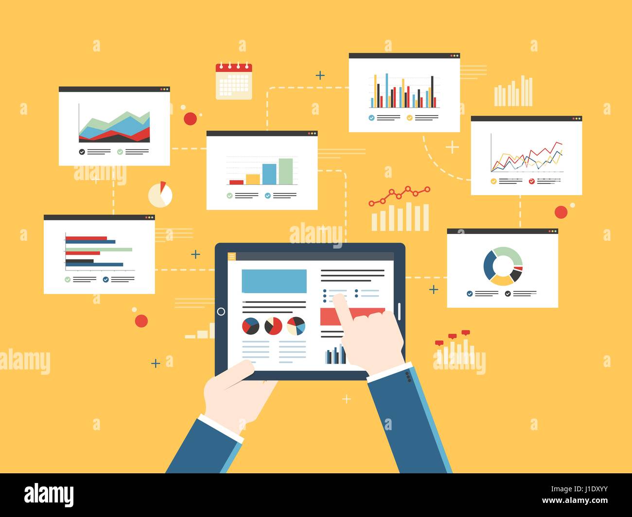 Flaches Design Vektor Illustration Konzept der Finanzierung Investitionsplanung, Analytics Informationen in Form von eine Grafik oder ein Diagramm mit Wachstum Bericht auf Stock Vektor