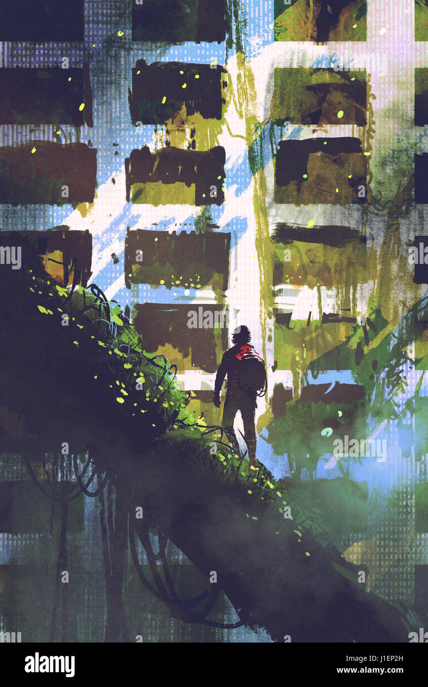 digitale Kunst des Mannes stehend auf Baumriesen Blick auf verlassenen Gebäude mit Efeu überwachsen, Illustration, Malerei Stockfoto