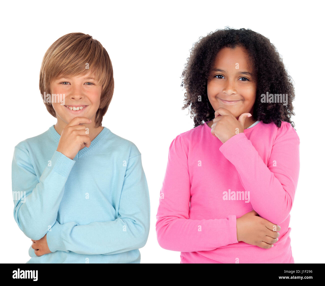 Nachdenkliche Kinder auf weißem Hintergrund Stockfoto