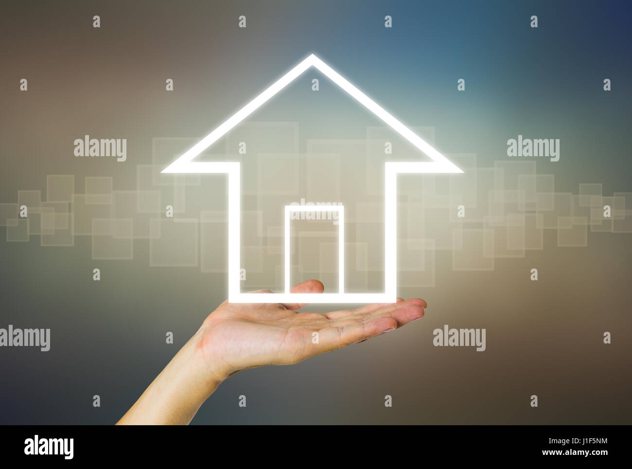 Haus oder Grundstück-Symbol auf der Seite auf dunklem Hintergrund. Stockfoto