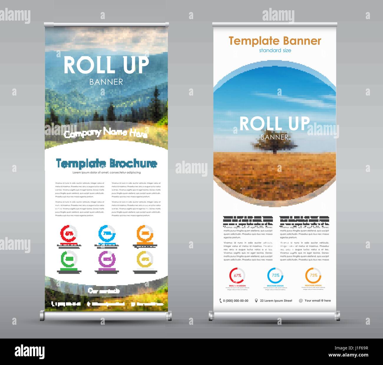 Satz von vertikalen Roll-up Banner mit runden Designelementen mit Berglandschaft und Feld. Eine Broschüre Vorlage mit Platz für Fotos, Text und in Stock Vektor