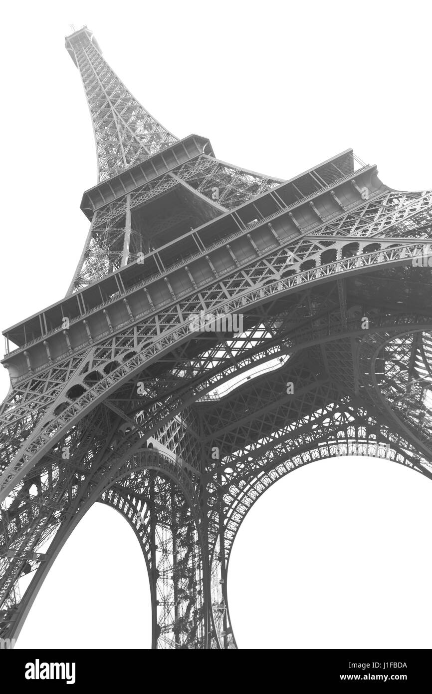 Der Eiffelturm in Paris isoliert auf dem weißen Hintergrund. Schwarz / weiß Bild Stockfoto