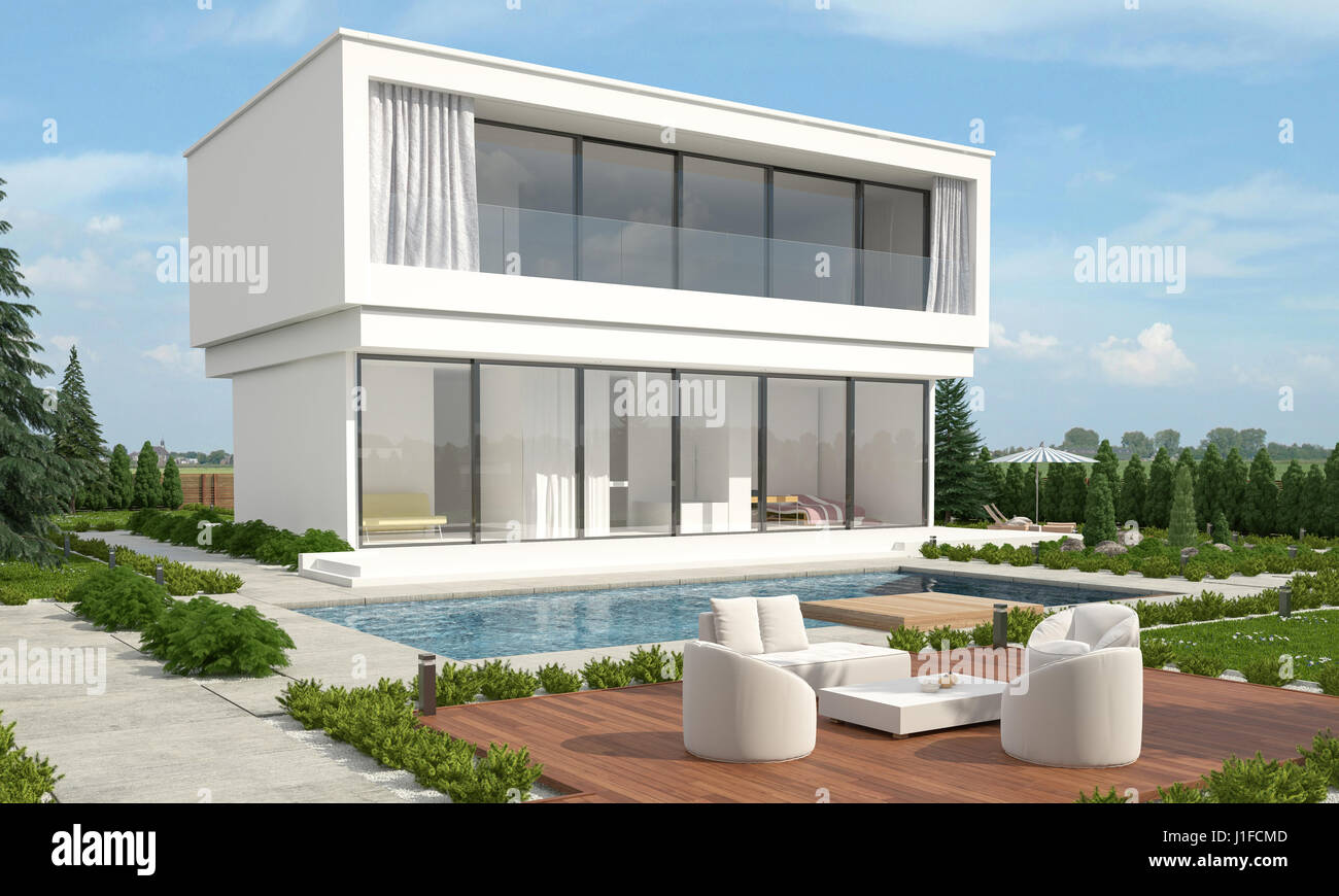 Moderne Luxus Designer Gebaut Nach Hause Mit Einem Zweistockigen Weissen Villa Mit Blick Auf Einem Glitzernden Swimming Pool In Einem Gepflegten Garten Mit Tisch Und Stuhlen Auf Einer Stockfotografie Alamy