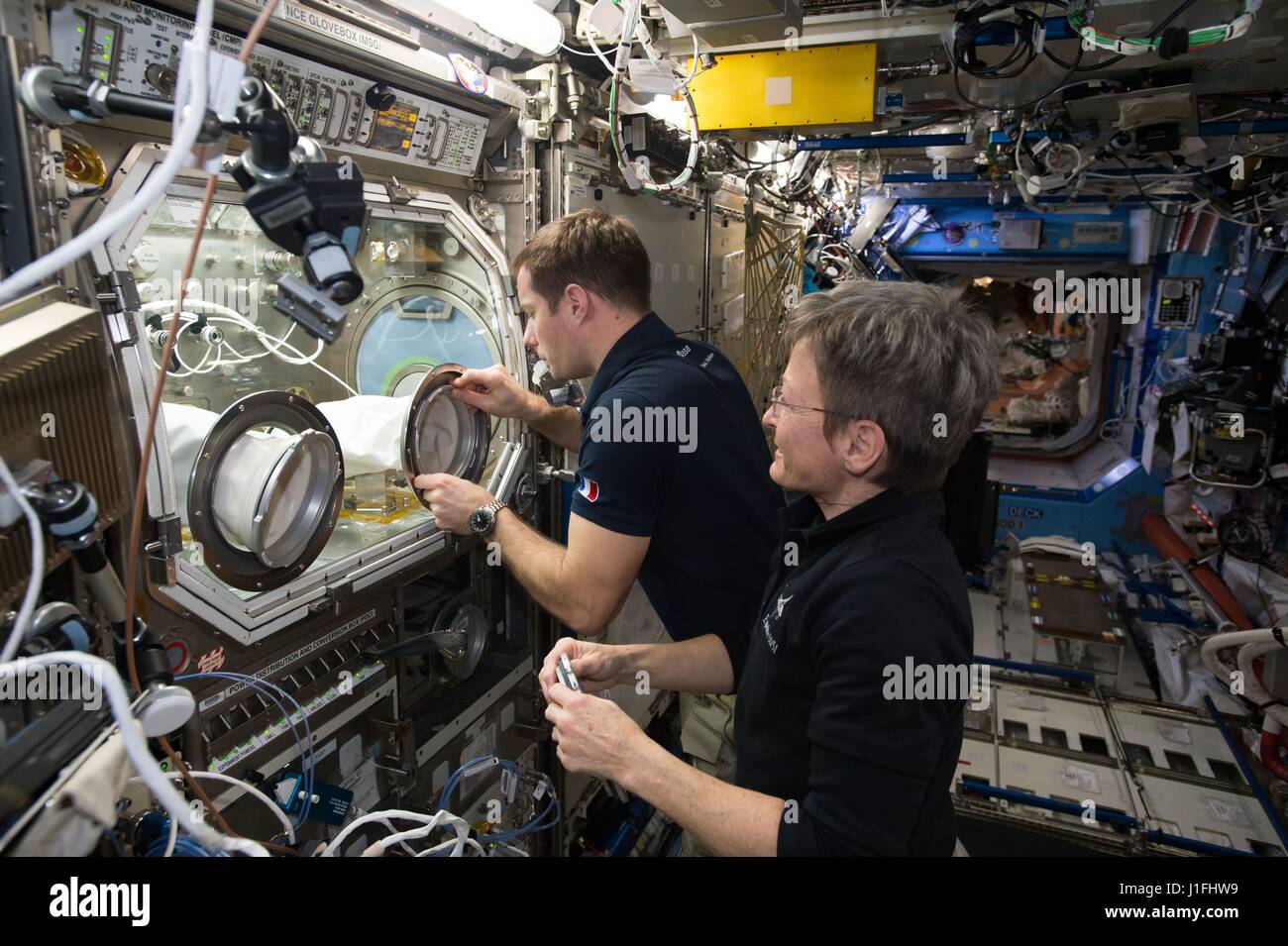 NASA-Expedition 50 prime Crew Mitglieder US-amerikanische Astronautin Peggy Whitson (links) und französischer Astronaut Thomas Pesquet von der Europäischen Weltraumorganisation eingerichtet Microgravity Science Glovebox für die Schwerelosigkeit erweitert Stammzellen-Experiment an Bord der internationalen Raumstation ISS 13. Februar 2017 in der Erdumlaufbahn.      (Foto: NASA Foto /NASA über Planetpix) Stockfoto