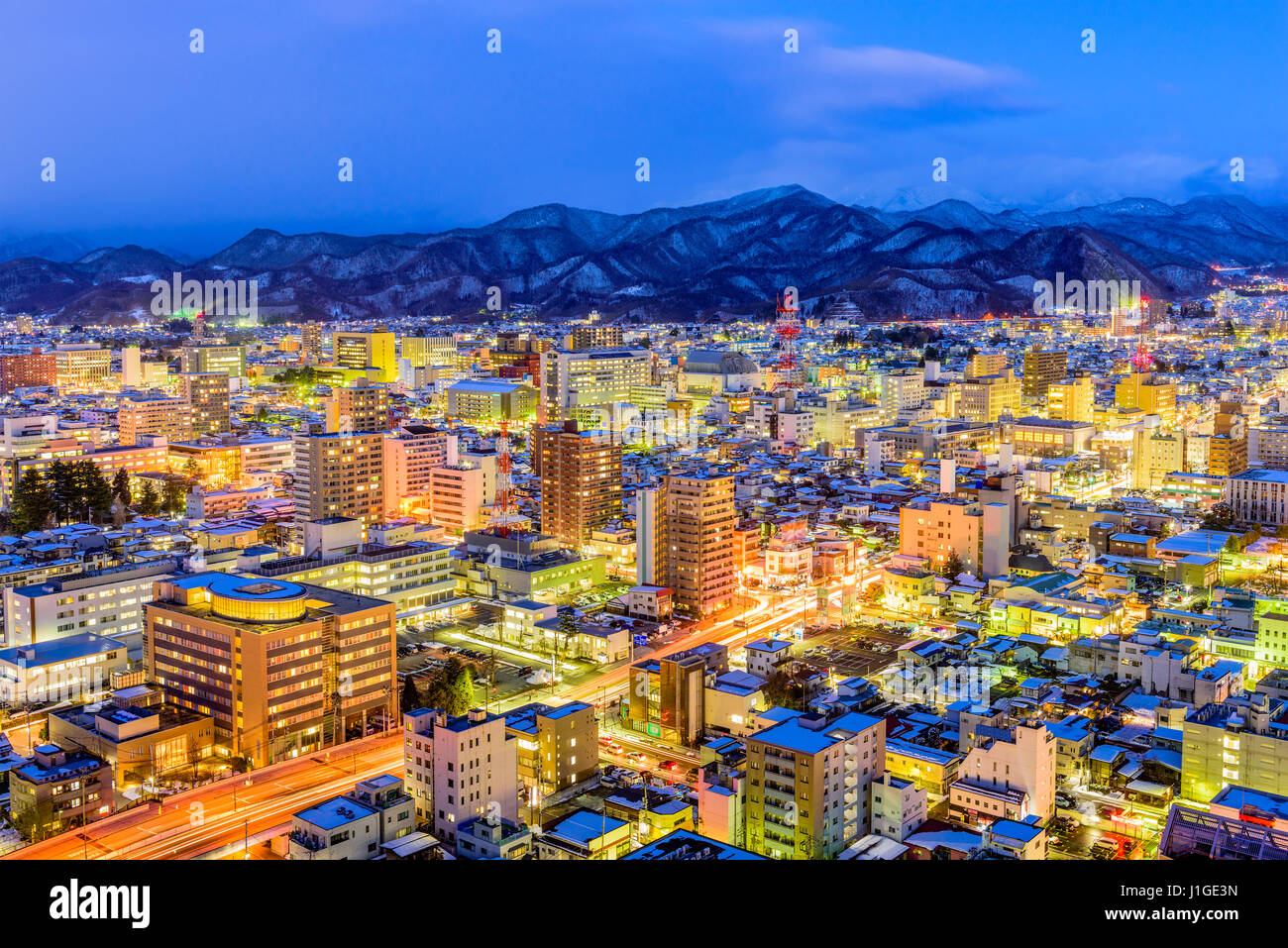 Yamagata, Japan Stadt Skyline in der Abenddämmerung. Stockfoto