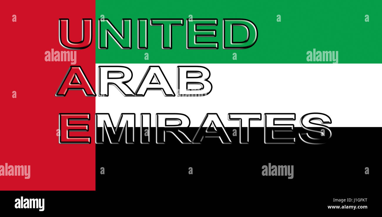 Abbildung der Flagge der Vereinigten Arabischen Emirate mit dem Land auf die Fahne geschrieben. Stockfoto