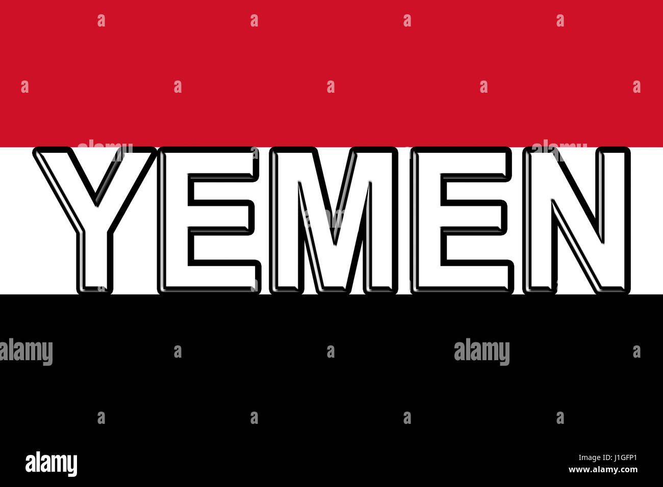 Abbildung der Flagge des Jemen mit dem Land auf die Fahne geschrieben. Stockfoto