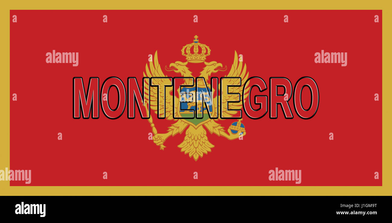 Abbildung der nationalen Flagge Montenegros mit dem Land auf die Fahne geschrieben Stockfoto