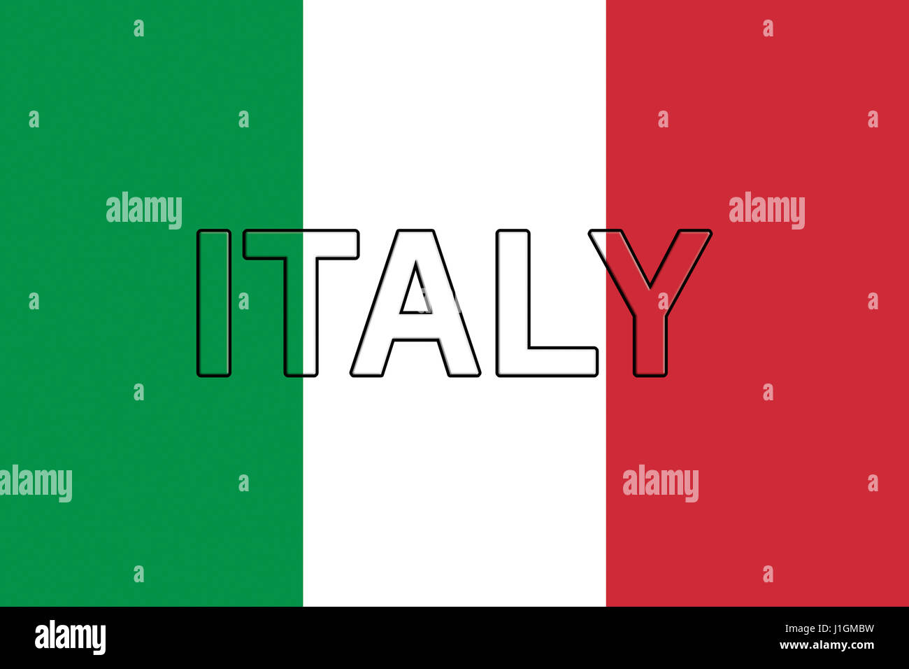 Abbildung der nationalen Flagge Italiens mit dem Wort Italien auf die Flagge Stockfoto