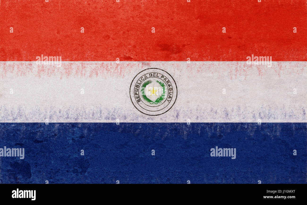 Darstellung der Nationalflagge von Paraguay mit einer Grunge-Textur. Stockfoto