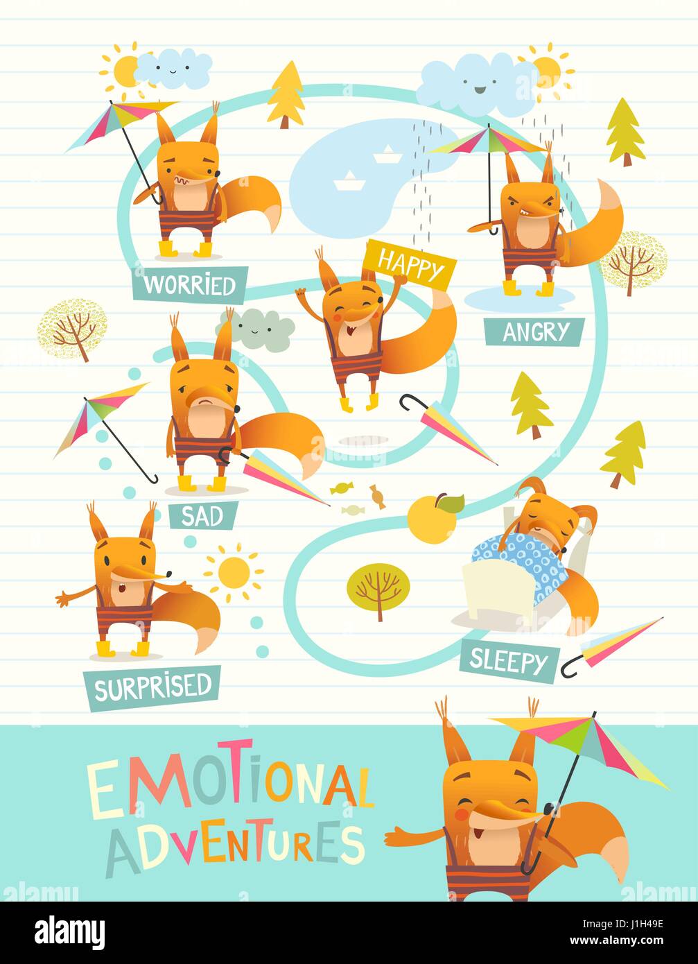 Lustige Fuchs mit bunten Regenschirm verschiedene Emotionen auszudrücken. Cartoon Charakter s Mimik. Emotionale Intelligenz-Entwicklungskonzept. Vektor-Illustration für Banner, Plakat, Website. Stock Vektor