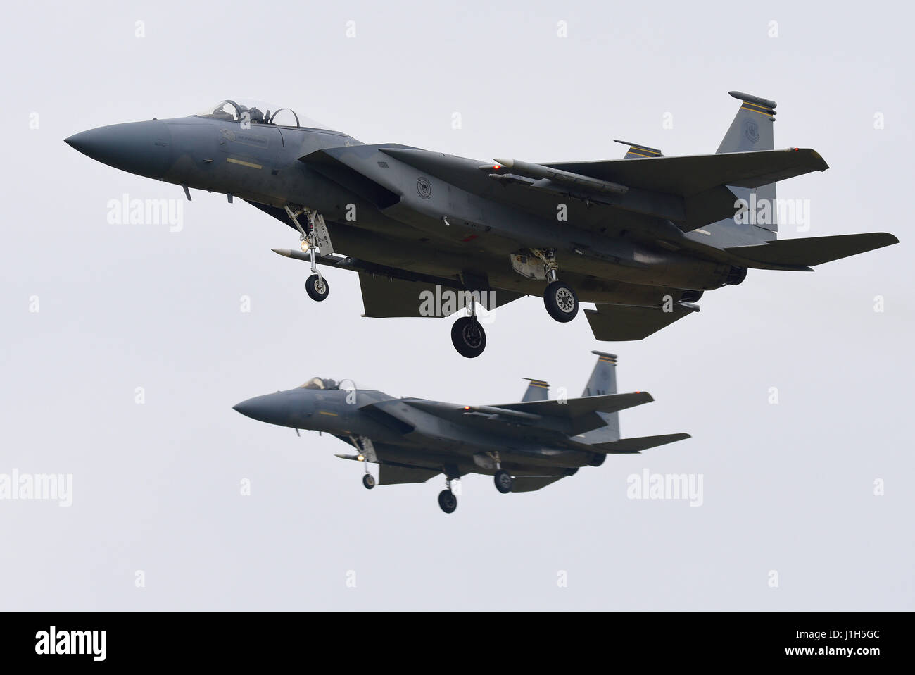 United States Air Force Boeing MDD F-15 Eagles of 493rd Fighter Squadron 'Grim Reapers' bei RAF Lakenheath, Suffolk, Großbritannien Stockfoto