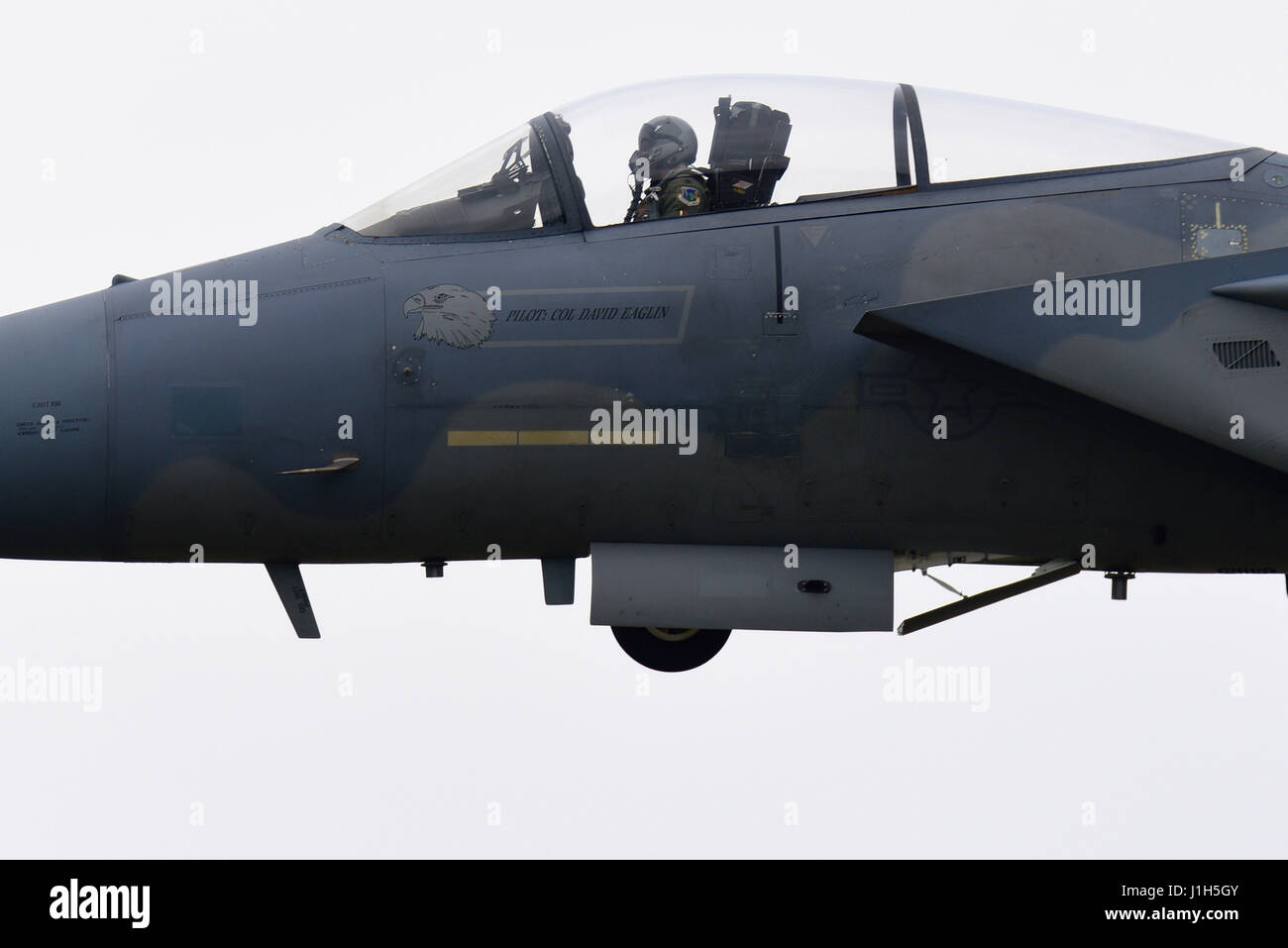 United States Air Force Boeing MDD F-15 Eagles of 493rd Fighter Squadron 'Grim Reapers' bei RAF Lakenheath, Suffolk, Großbritannien Stockfoto