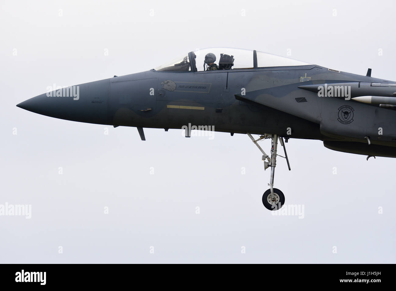 United States Air Force Boeing MDD F-15 Eagles of 493rd Fighter Squadron 'Grim Reapers' bei RAF Lakenheath, Suffolk, Großbritannien Stockfoto