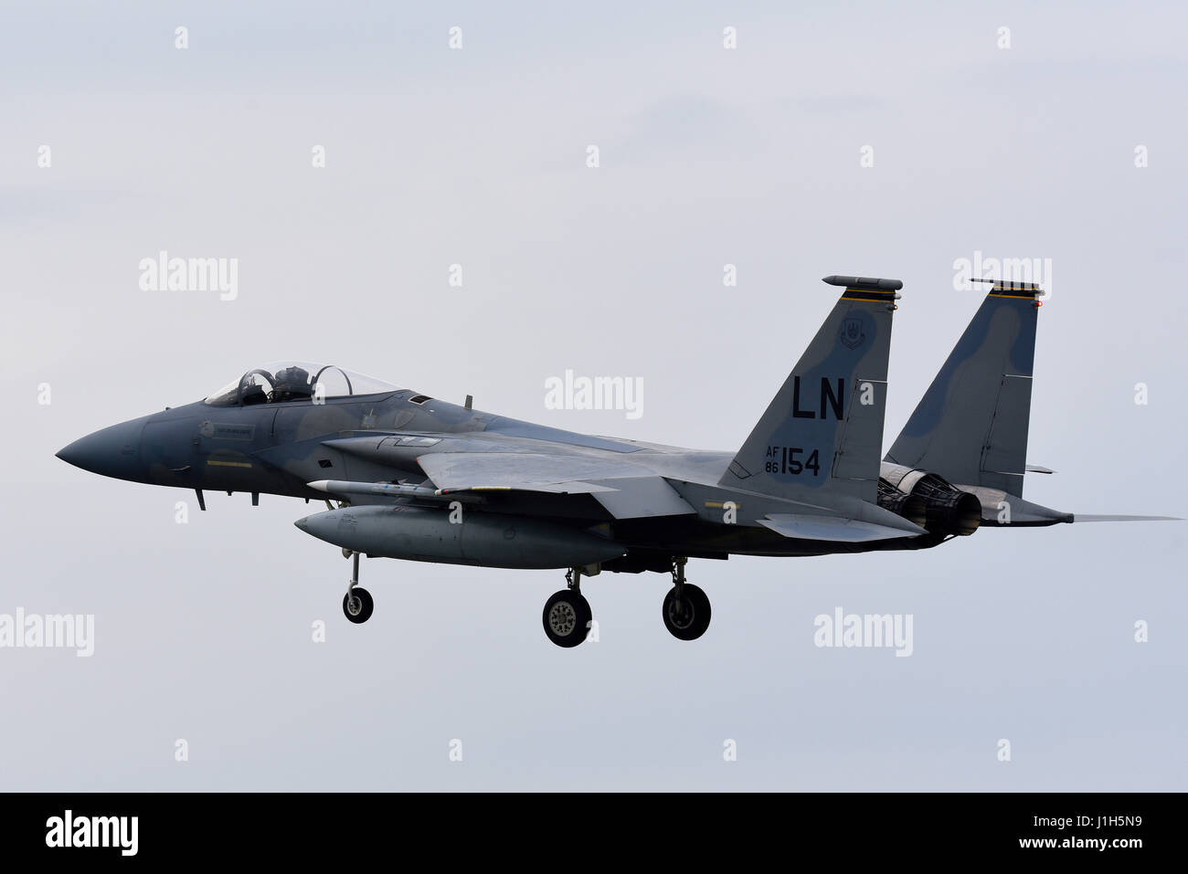 United States Air Force Boeing MDD F-15C Eagle der 493rd Fighter Squadron „Grim Reapers“ bei der RAF Lakenheath, Suffolk, Großbritannien Stockfoto