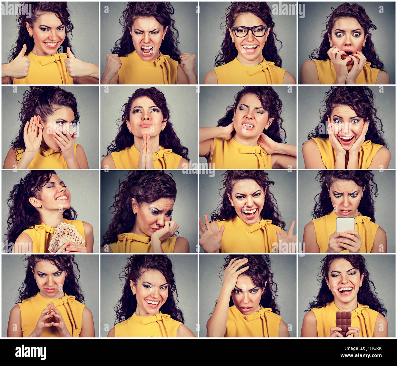 Collage von einer jungen Frau, die verschiedene Emotionen und Gefühle auszudrücken Stockfoto