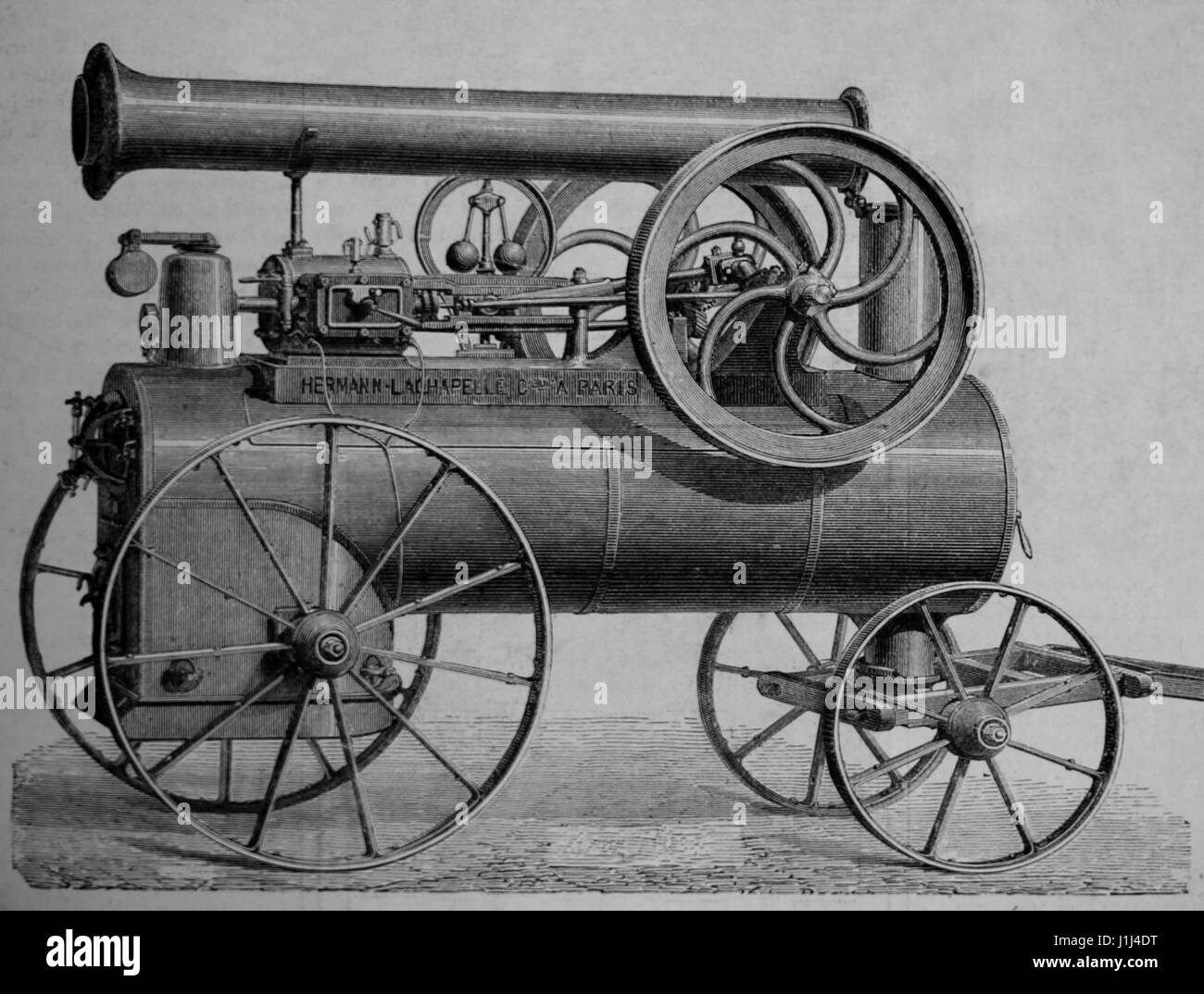 Horizontalen Dampfmaschine auf Räder, gebaut von Hermann Lachapelle. Kupferstich, 1875. Der spanische und amerikanische Abbildung. Spanische Ausgabe. Stockfoto