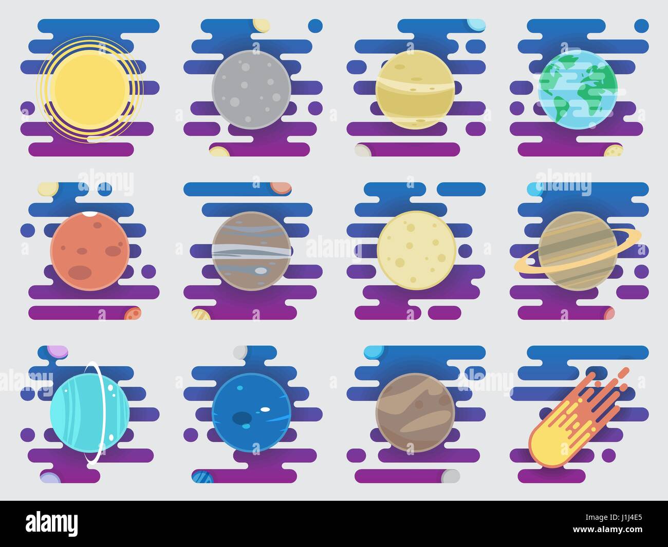 Solar System-Icons - Planeten, Kometen, Satelliten der Planeten flache ...