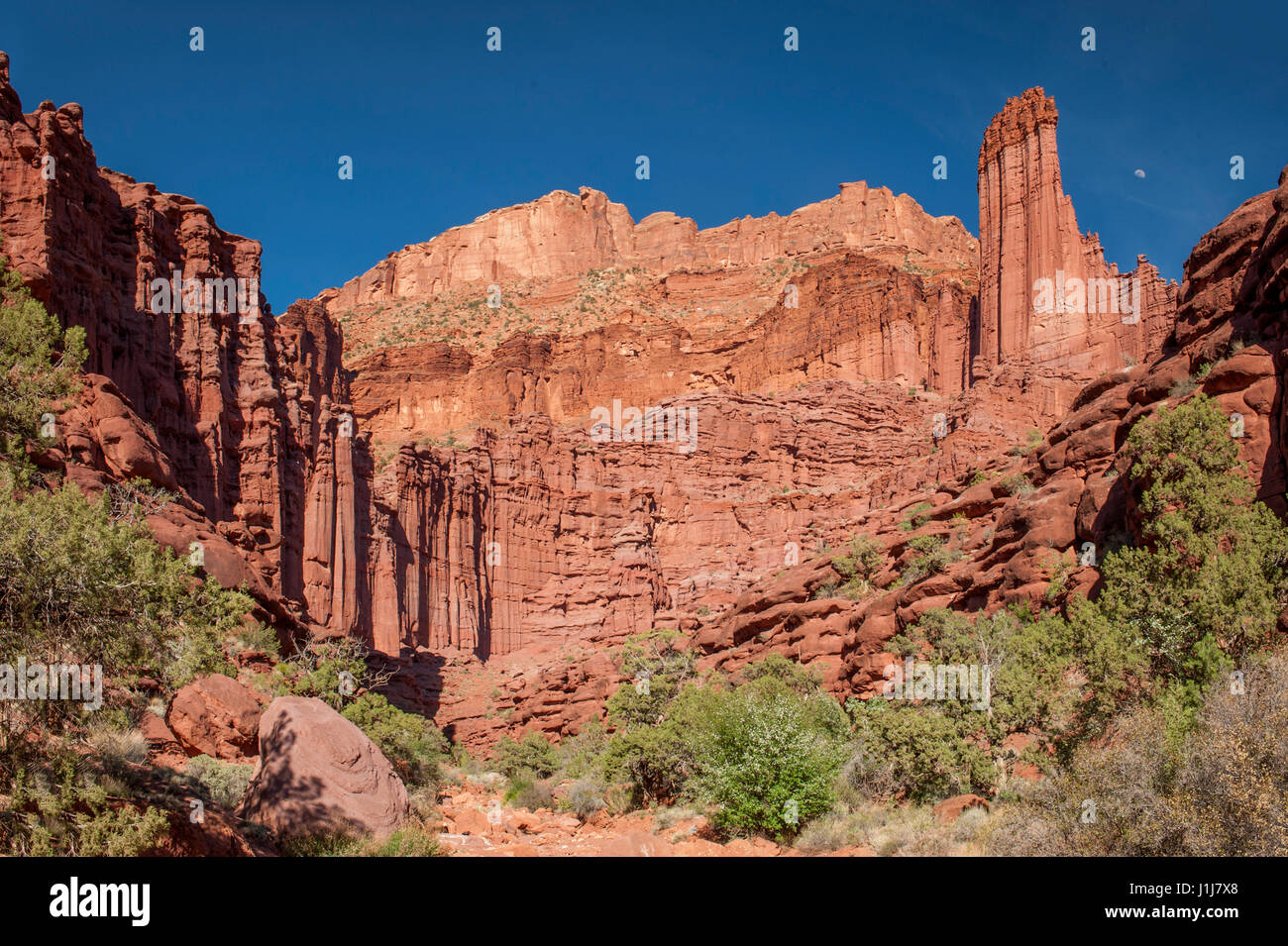 Mondaufgang über Fisher Towers in der Nähe von Moab, Utah Stockfoto