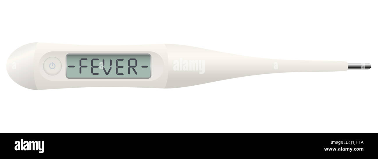 Fieberthermometer mit dem Wort Fieber auf Digitalanzeige - isolierte Abbildung auf weißem Hintergrund. Stockfoto