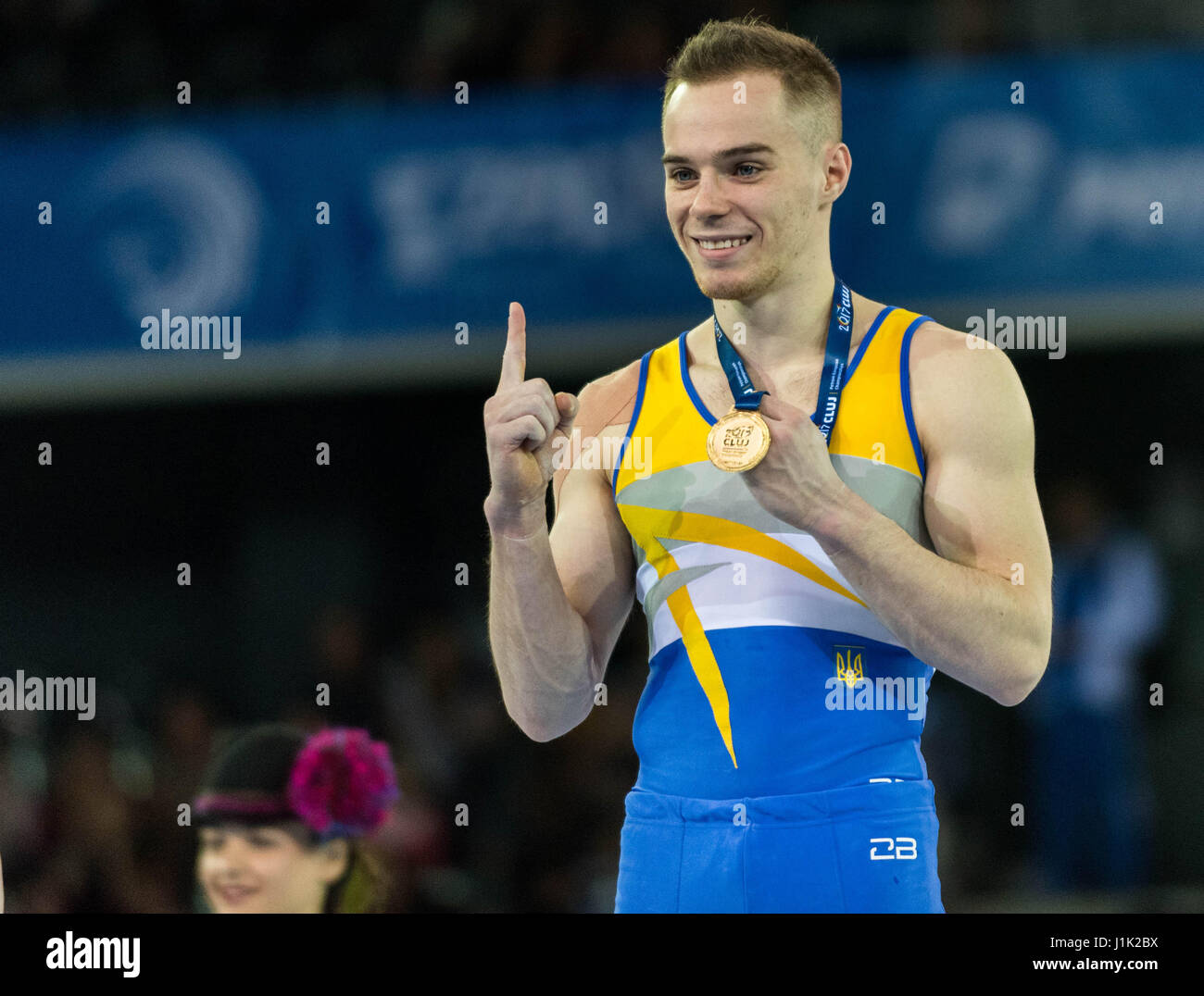 Cluj-Napoca, Rumänien. 21. April 2017. Der Gewinner der kombinierten Veranstaltung, Oleg Vernyayev, aus der Ukraine bei der Gymnastik-Europameisterschaft in Cluj-Napoca, Rumänien, 21. April 2017. Foto: Catalin Soare/Dpa/Alamy Live News Stockfoto