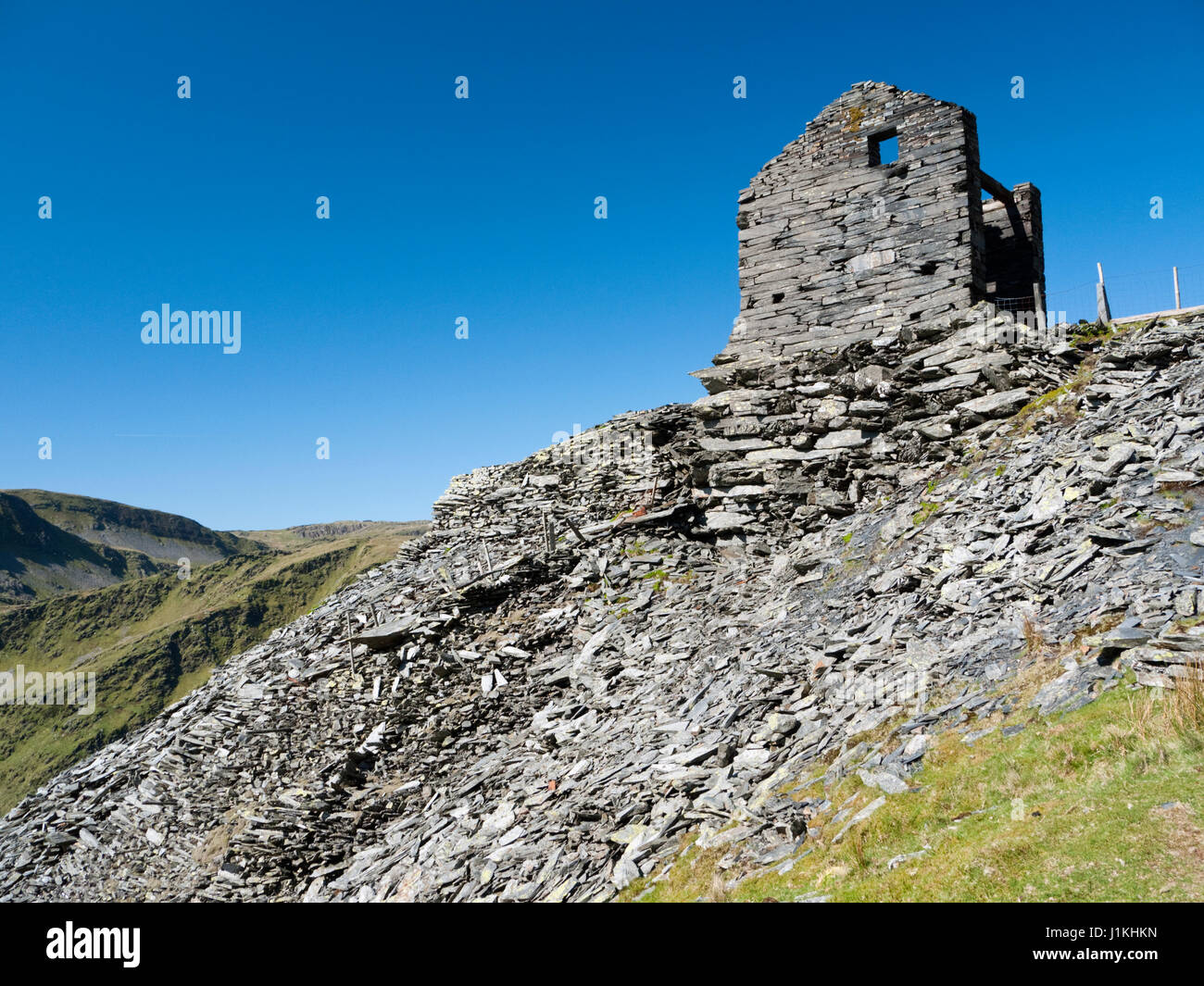 Ruinen aus der ehemaligen Schiefergrube Croesor unten Moelwyn Mawr in den Bergen von Snowdonia Moelwyn Stockfoto