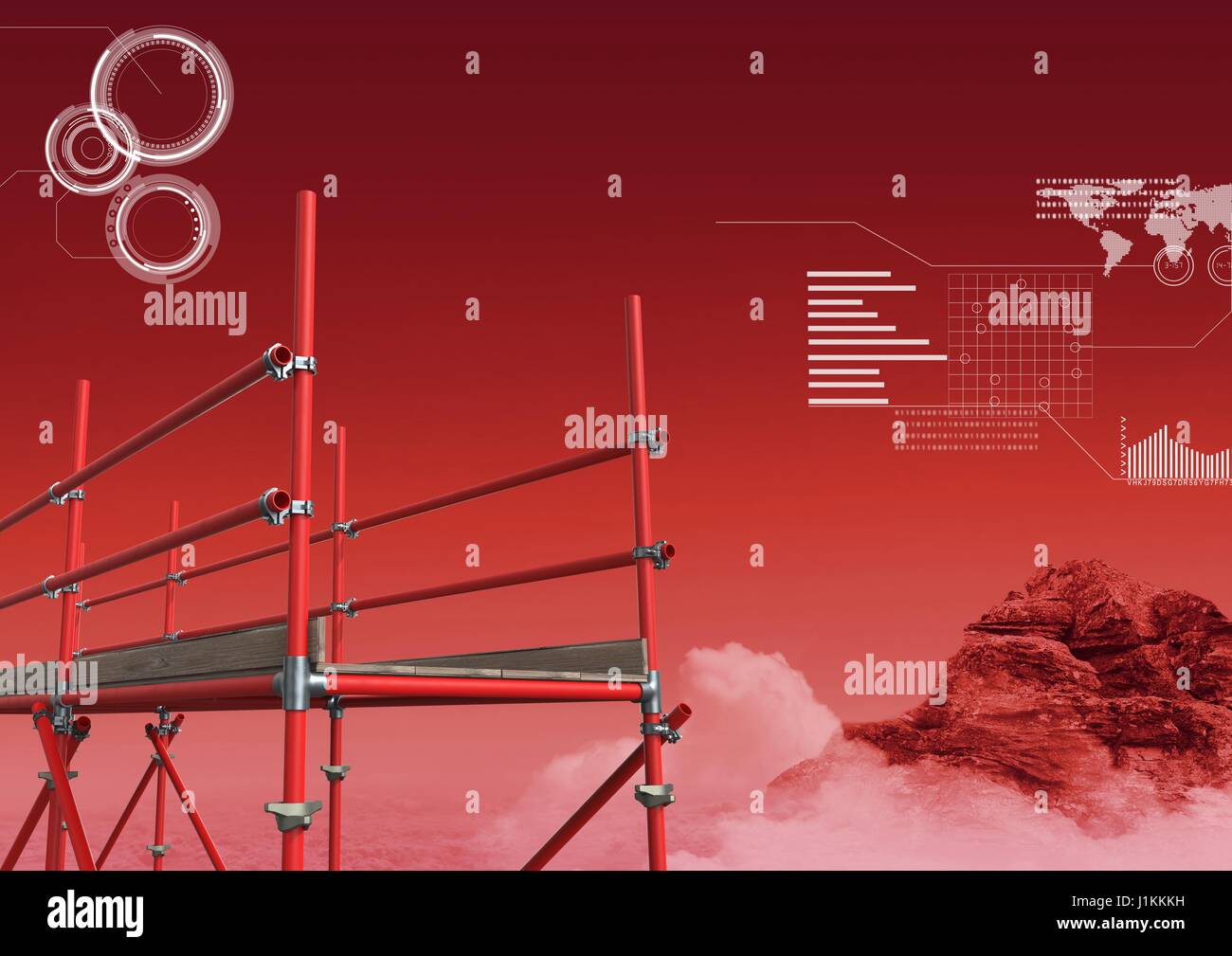 Digitalen Verbund aus roten Berg und Cloud Landschaft mit Technologie-Schnittstelle und 3D Gerüst Stockfoto