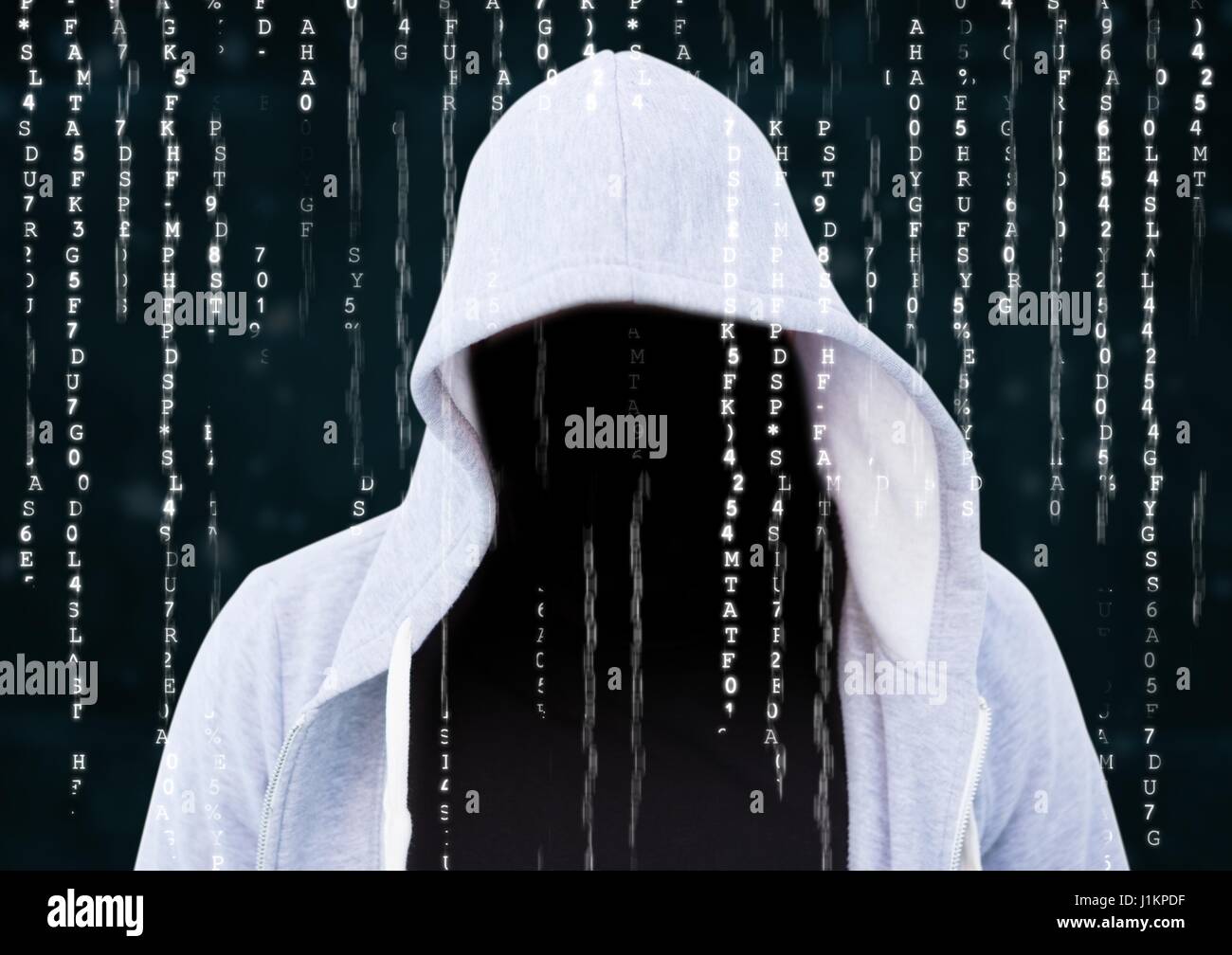 Digitalen Verbund der Vordergrund des grauen Pullover Hacker mit Gesicht Stockfoto