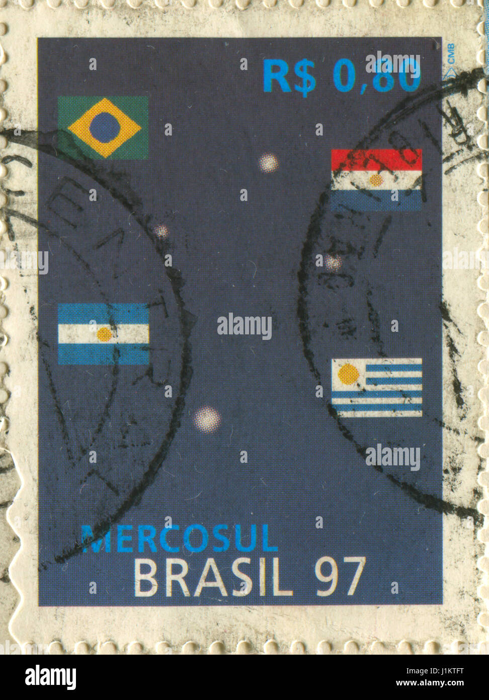 GOMEL, WEIßRUSSLAND, 21. APRIL 2017. Stempel in Brasilien gedruckt zeigt Bild der Mercosur oder Mercosul subregionalen Block, ca. 1997. Stockfoto