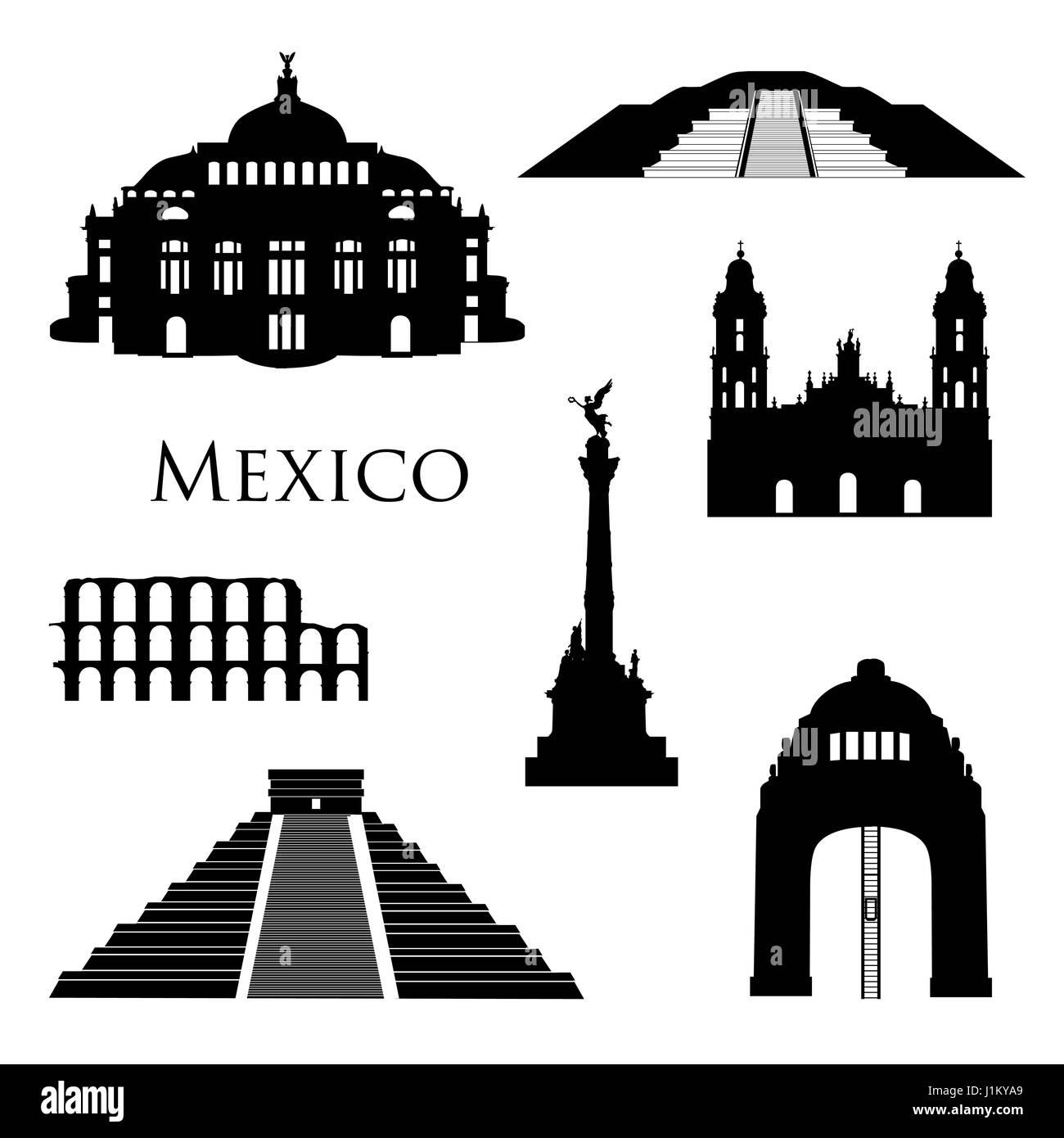 Mexiko Stadt Wahrzeichen Icon Set. berühmte Gebäude Silhouetten. Reisen Brasilien Zeichen Stock Vektor