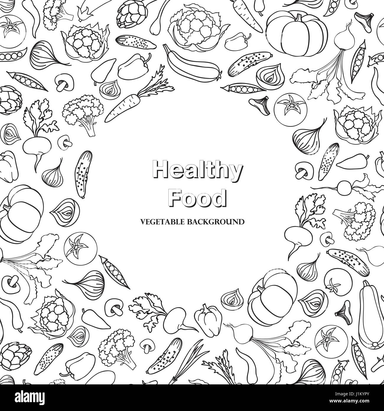 Pflanzliche Hintergrund. Gesundes essen Rahmen Dekor. Lebensmittelzutat doodle Linienmuster. Stock Vektor