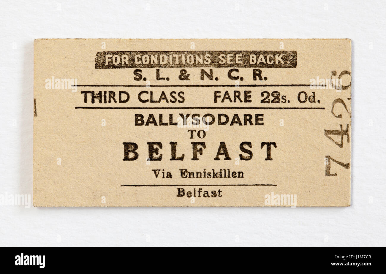 Vintage SL & NCR Eisenbahn Zug Ticket Ballysodare nach Belfast Stockfoto