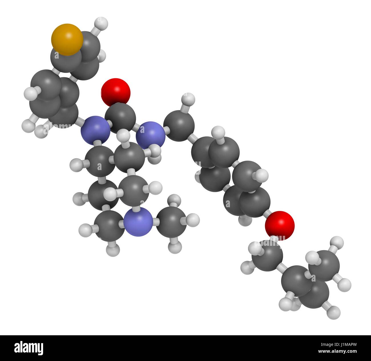 Pimavanserin atypische Antipsychotika Wirkstoffmolekül. 3D-Rendering. Atome werden als Kugeln mit konventionellen Farbkodierung dargestellt: Wasserstoff (weiß), Kohlenstoff (grau), Stickstoff (blau), Sauerstoff (rot), Fluor (Gold). Stockfoto