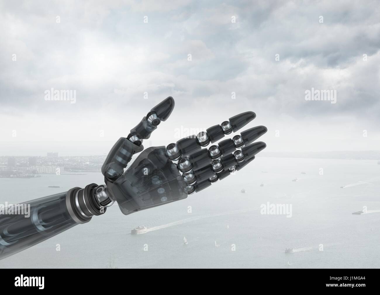 Digitalen Verbund aus Android-Roboter-Hand zu öffnen, mit hellen Himmelshintergrund Stockfoto