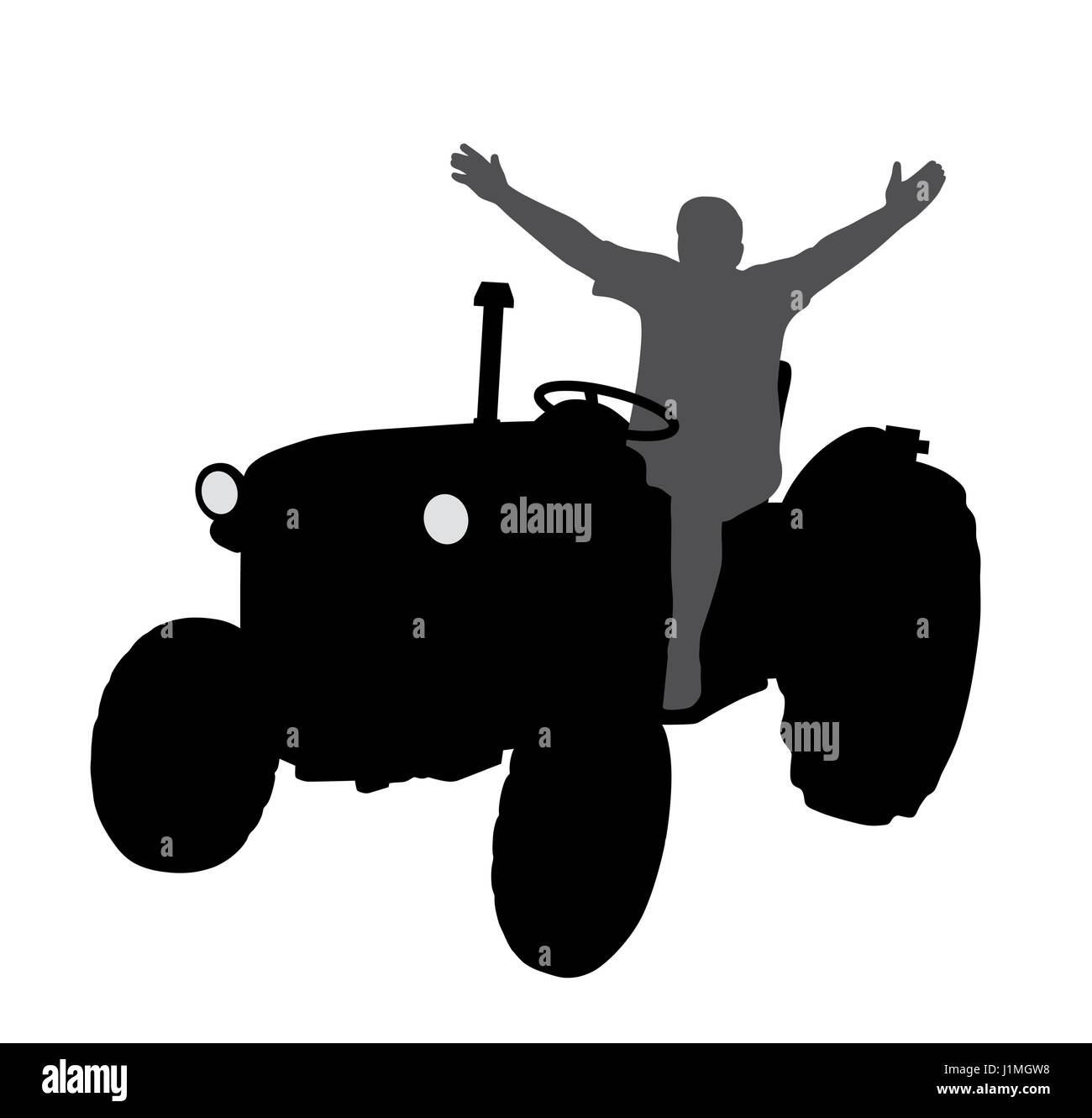 Erfolgreicher glücklich Farmer Traktor mit Hände hoch Stock Vektor