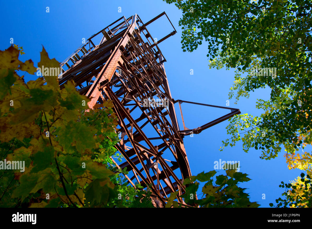 Fördergerüst, Plummer Mine Mainframe interpretativen Park, Penokee Palette Eisenstraße, Iron County, Wisconsin Stockfoto