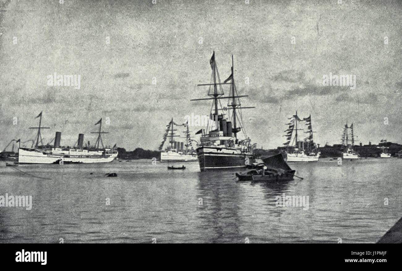 Die Ophir und ihr Konvoi liegen im Hafen von Colombo, mit T.R.H. Der Herzog und die Herzogin von Corwall und York an Bord, April 1901 Stockfoto