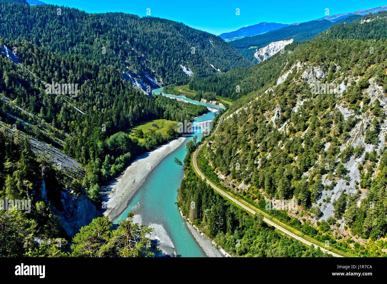 Rhein, Rhein Schlucht mit vorderen Rhein zwischen Reichenau und Ilanz, Kanton Graubünden, Schweiz Stockfoto
