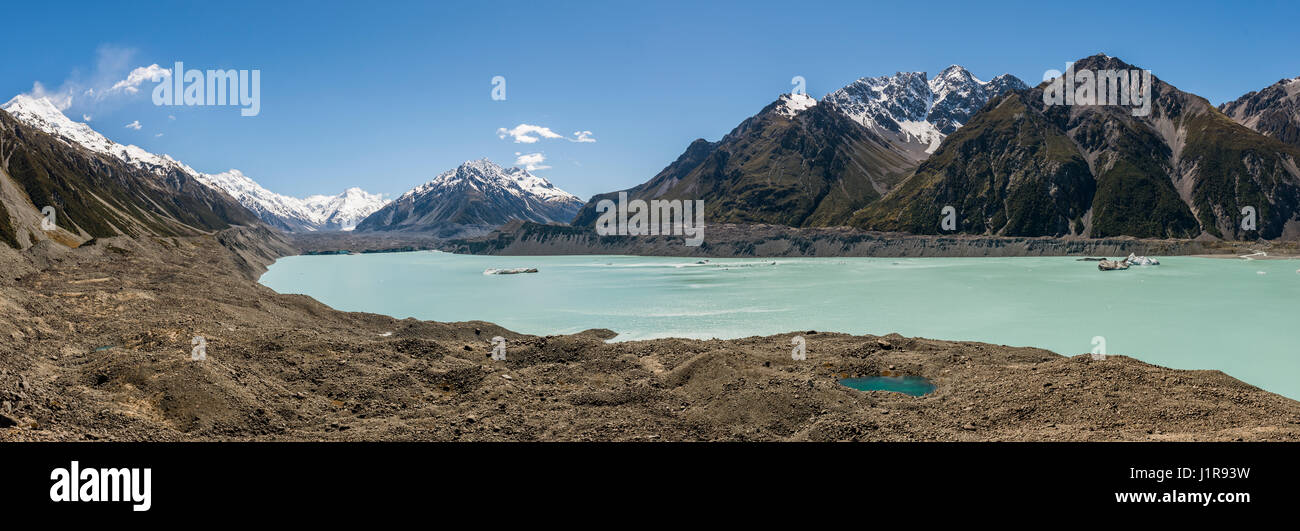Tasman-Gletscher und Türkis Gletschersee, Mount Tasman, Mount Cook Nationalpark, Südalpen, Canterbury Region Southland Stockfoto