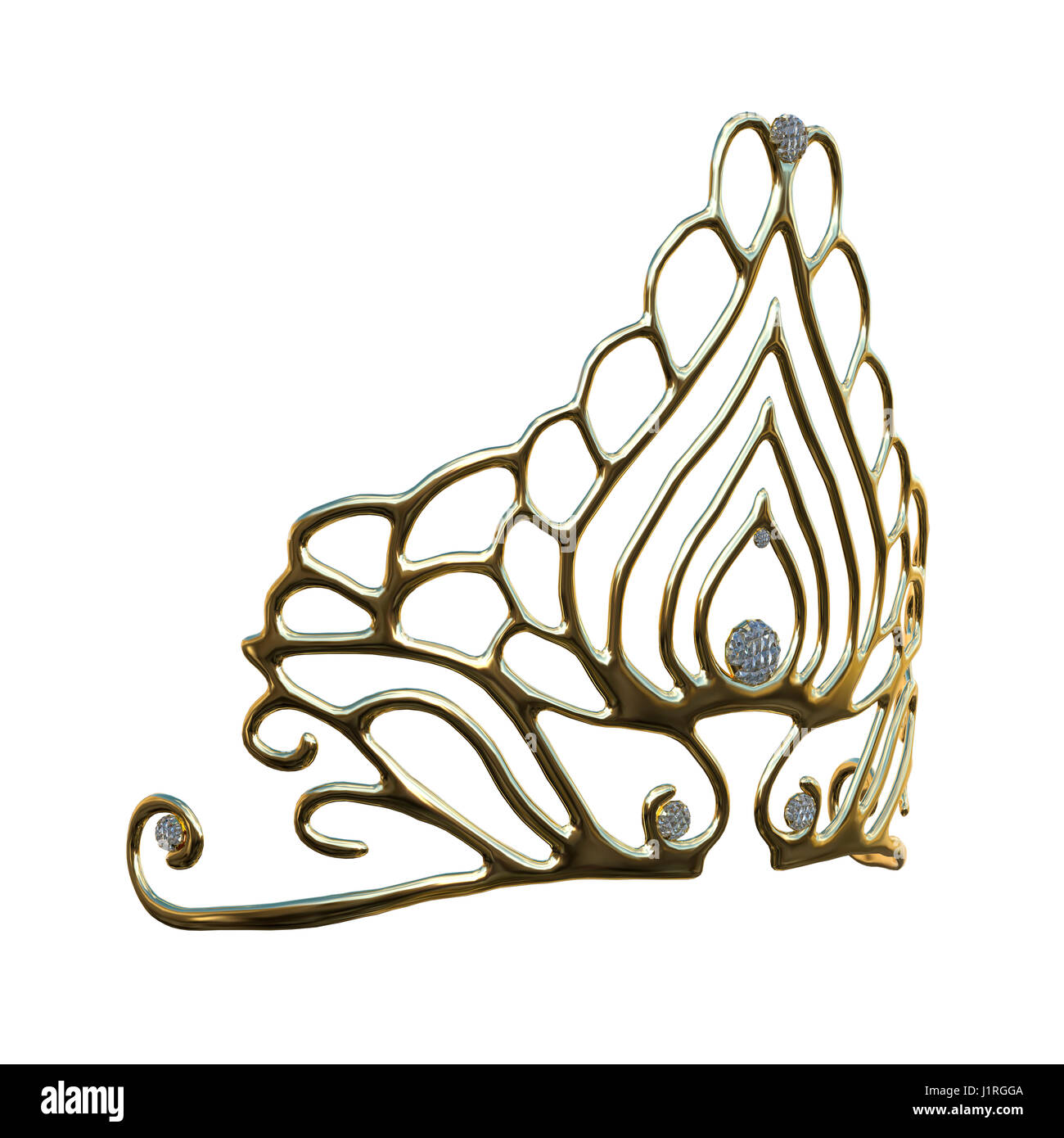 3D-Rendering einer goldenen Königin-Krone mit brillanten isoliert auf weißem Hintergrund Stockfoto