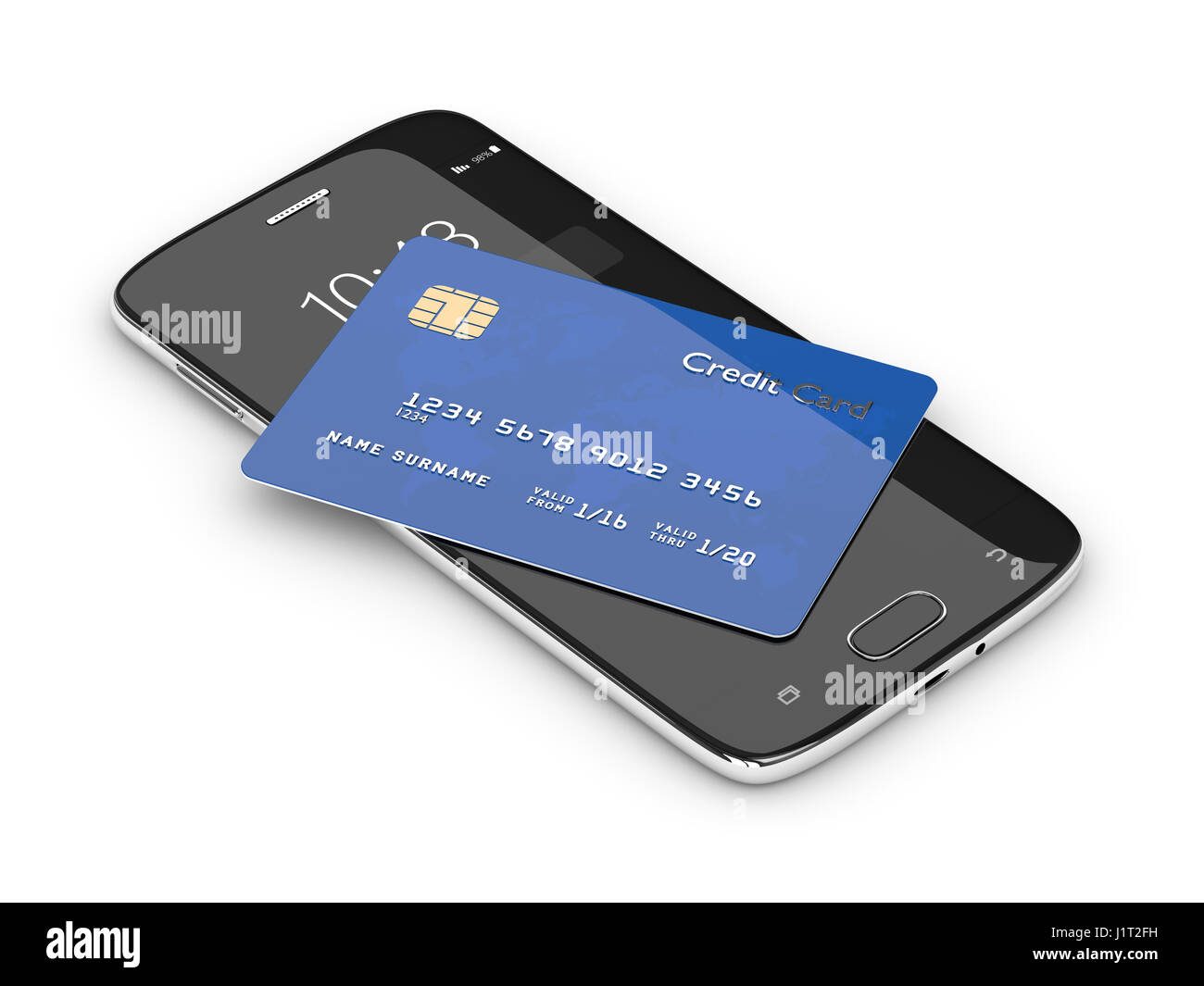3D Render Kreditkarte liegen auf Handy isoliert auf weißem Hintergrund Stockfoto