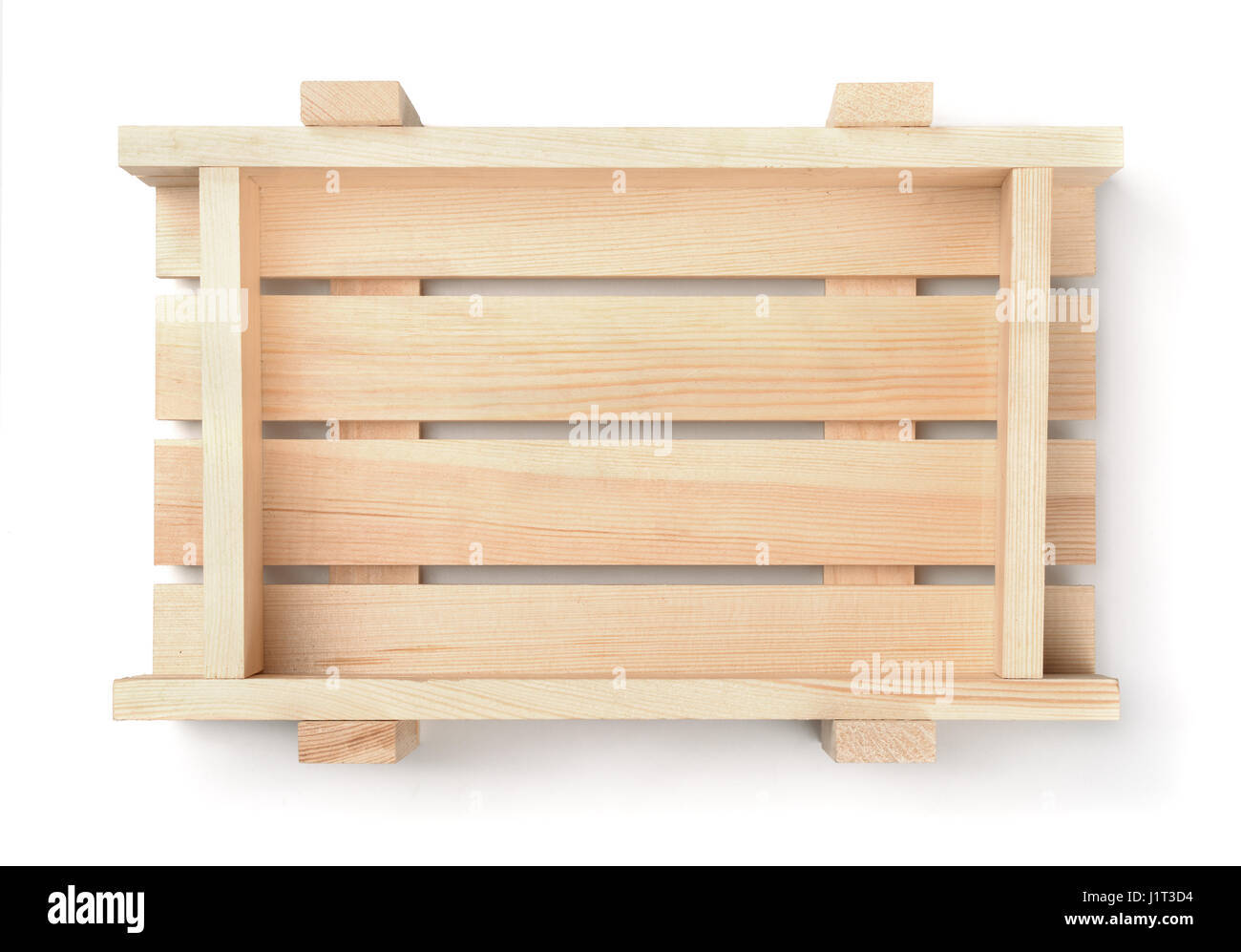 Draufsicht der leeren Holz Obstkiste isoliert auf weiss Stockfoto