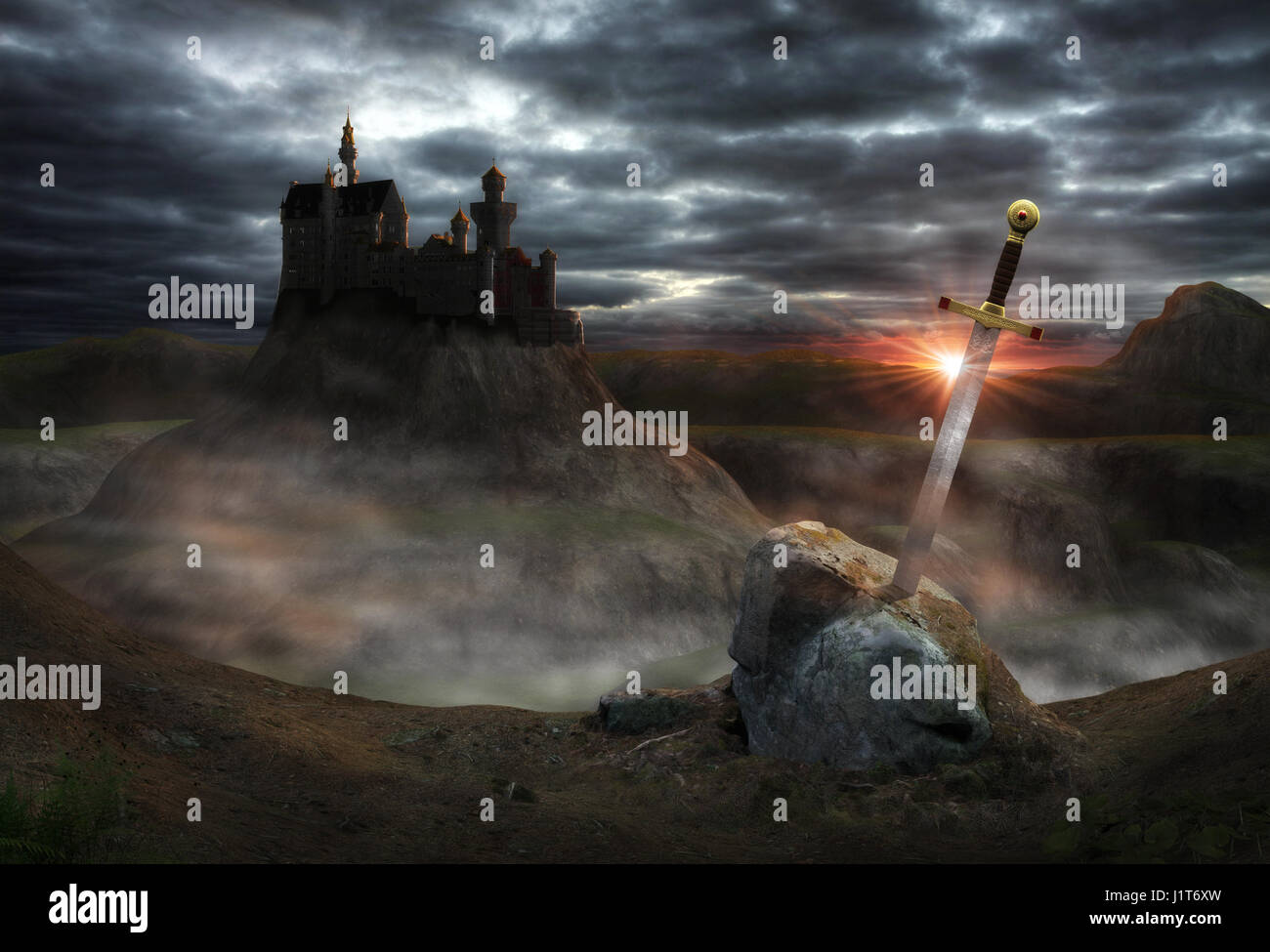 3D Malerei der legendären Burg Camelot von König Arthur und das Schwert Excalibur. Stockfoto