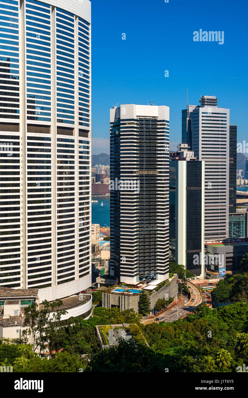 Hong Kong Skyline mit Conrad und Marriott Hotels Stockfoto