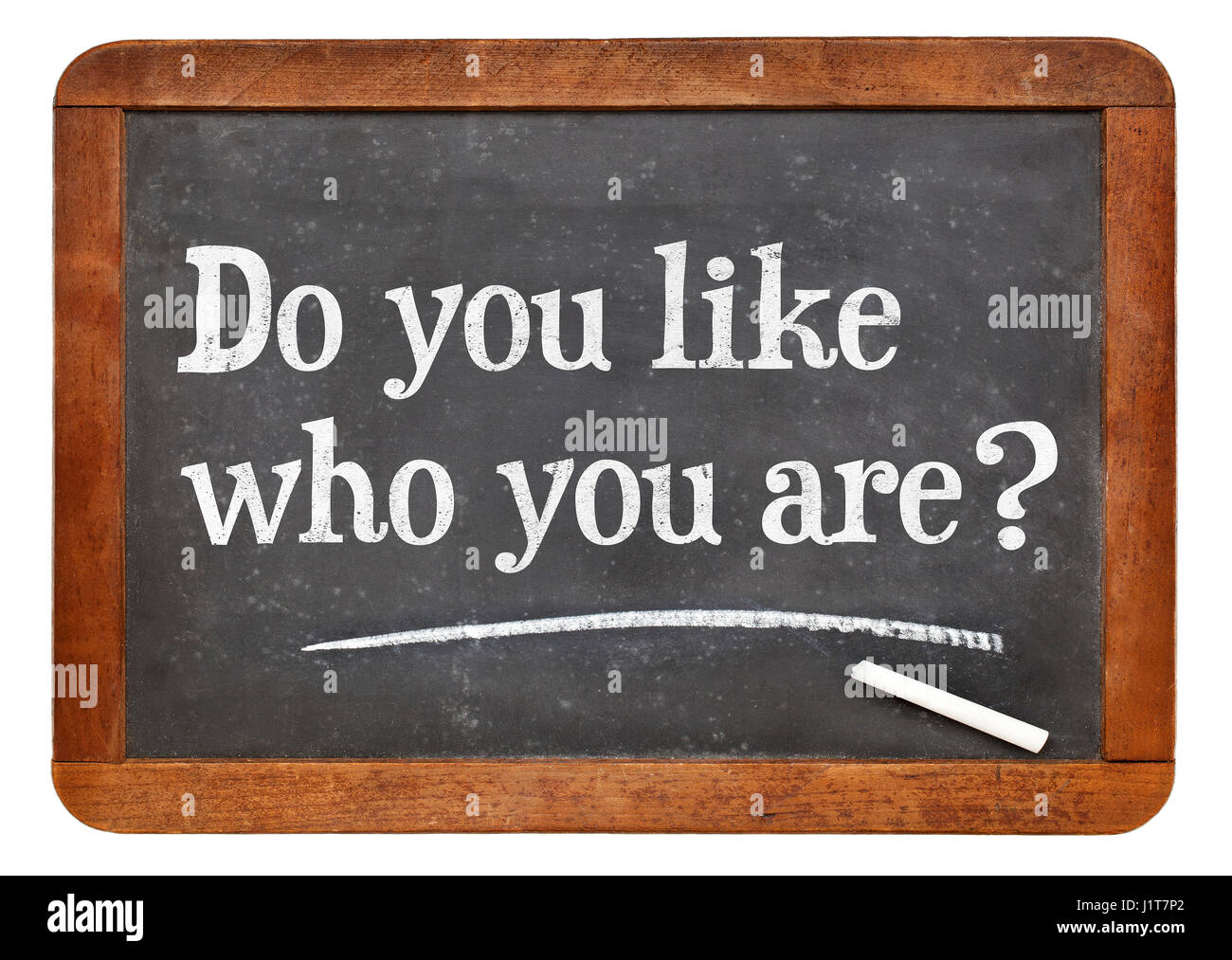 Magst du, wer du bist? Eine Frage in weißer Kreide auf einer Vintage Schiefer Tafel Stockfoto
