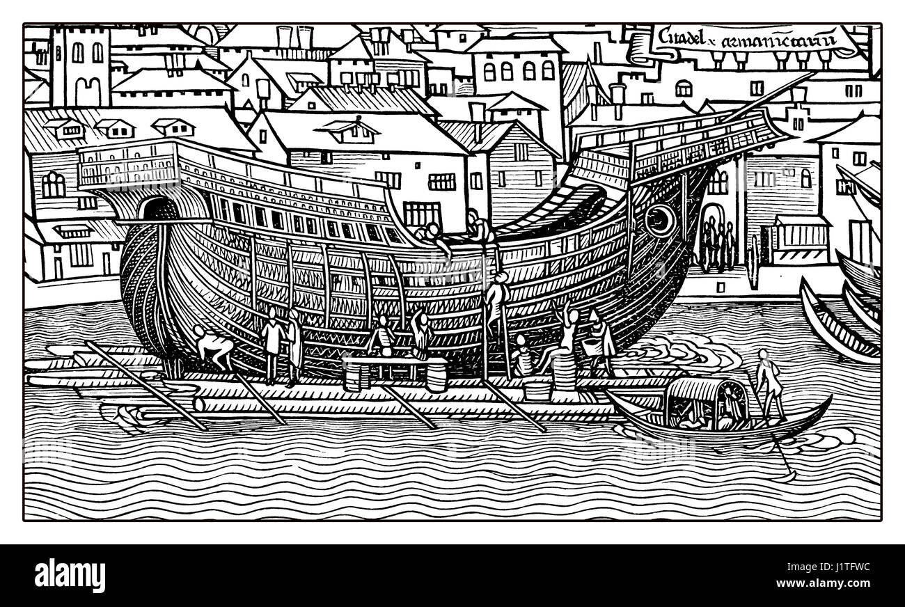 Mittelalterlichen Gravur: Bau eines Schiffes in ein Schwimmdock auf dem Fluss vor einer Stadt Stockfoto