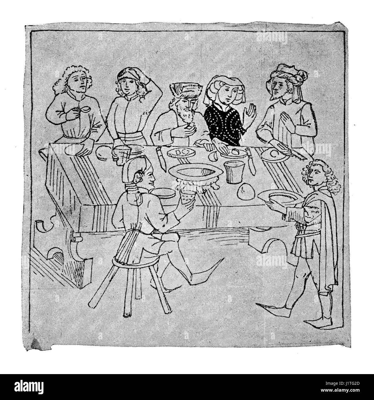 XV. Jahrhundert: glücklich bürgerlichen Gesellschaft am Tisch Stockfoto